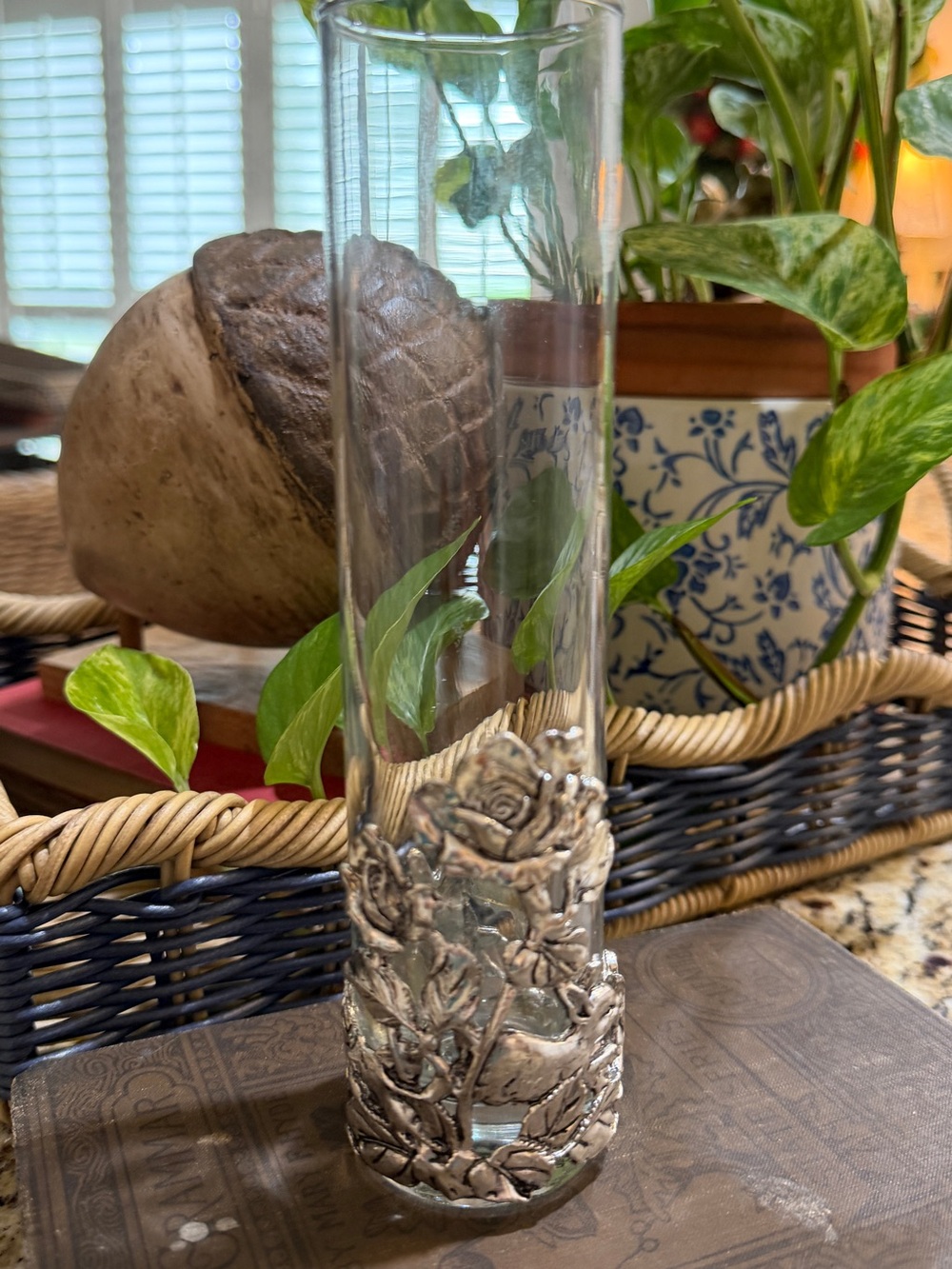Arthur Court Decorative Clear Glass Vase with Silver Floral Accent - Home Accent